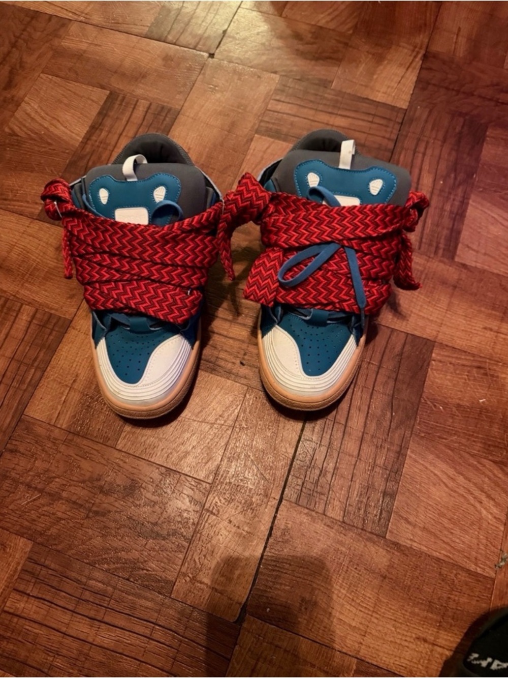 Kids Blue and White High-Top Sneakers with Red Laces